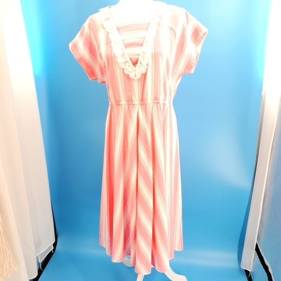 Vintage Rhodes Collection pink and white candy-striped day dress early 80s style - Picture 1 of 13